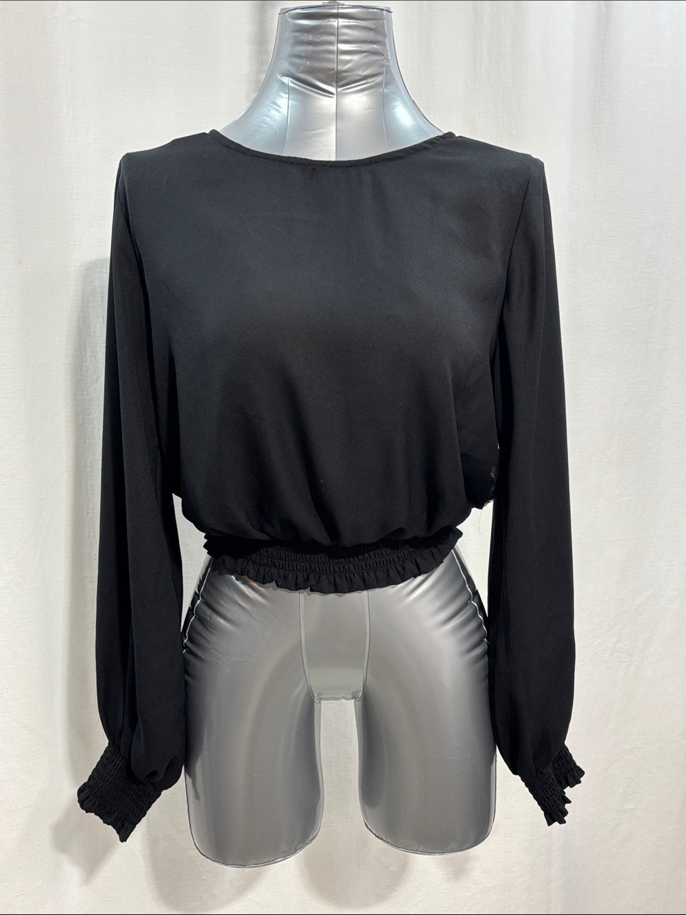Papermoon Black Long-Sleeve Smocked-Hem Blouse 295 party work date night trendy